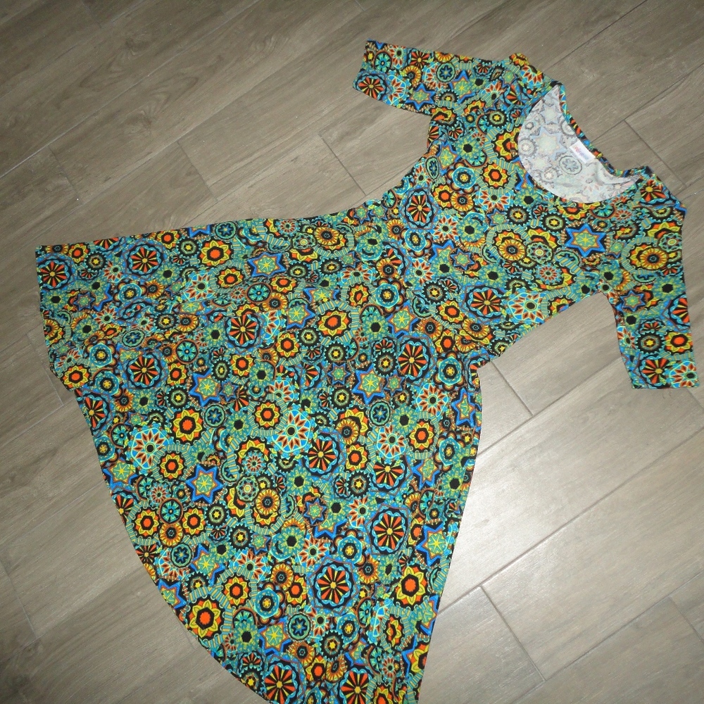 LuLaRoe NICOLE BLUE ORANGE KALEIDOSCOPE DRESS SZ S